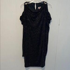 Vintage Zeeba Glamorous Black Glitter Open Shoulder Sparkly Dress I40